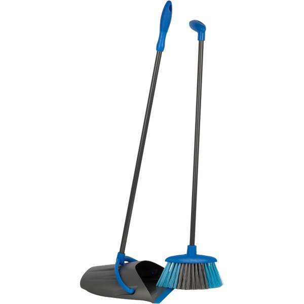 Kehrgarnitur mit langem Stiel, Stehende Kehrschaufel und Besen für rückenschonendes Kehren, Ergonomisches Set in Blau und Grau, Schaufel ca. 95 cm