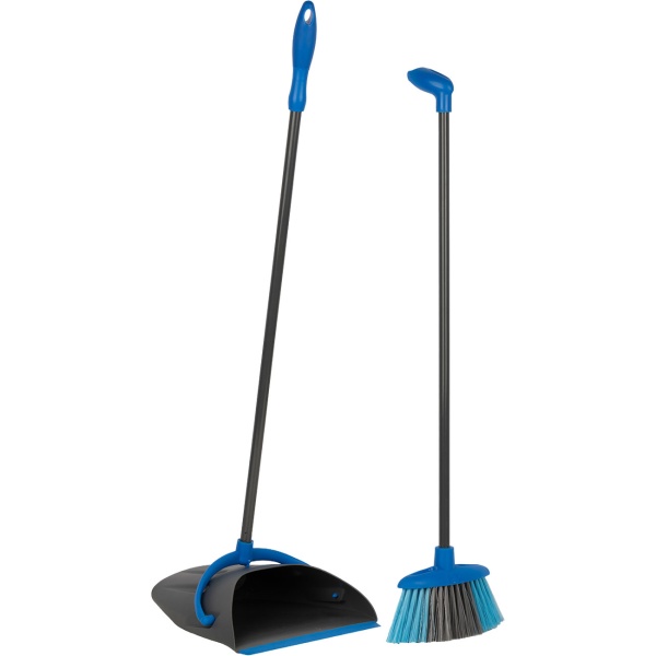 Kehrgarnitur mit langem Stiel, Stehende Kehrschaufel und Besen für rückenschonendes Kehren, Ergonomisches Set in Blau und Grau, Schaufel ca. 95 cm