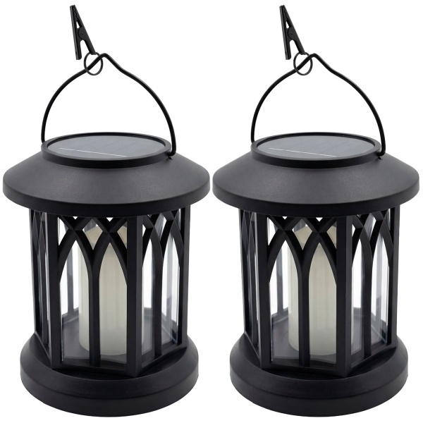 2er-Set LED Solar Laterne im Retro Gehäuse für Garten und Balkon, mit weisser LED Kerze und Flammeneffekt, 12 warmweisse SMD LEDs, zum Hinstellen und Hängen