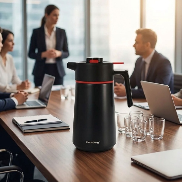 Konferenzthermoskanne 2,5L Edelstahl Schwarz-Rot - BPA-freie Isolierkanne mit Einhand-Automatik & grosser Öffnung für heisse & kalte Getränke
