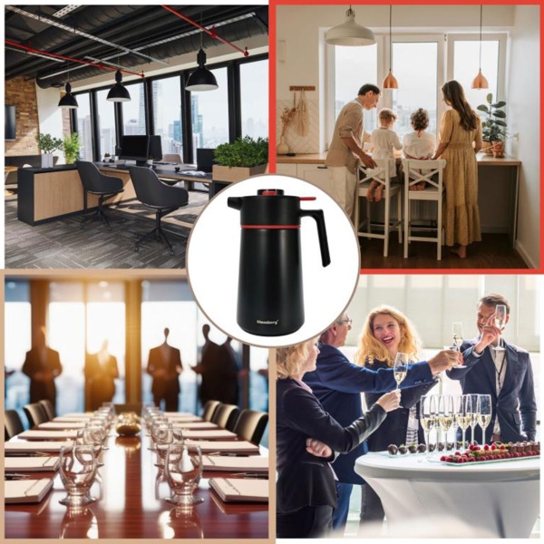 Konferenzthermoskanne 2,5L Edelstahl Schwarz-Rot - BPA-freie Isolierkanne mit Einhand-Automatik & grosser Öffnung für heisse & kalte Getränke