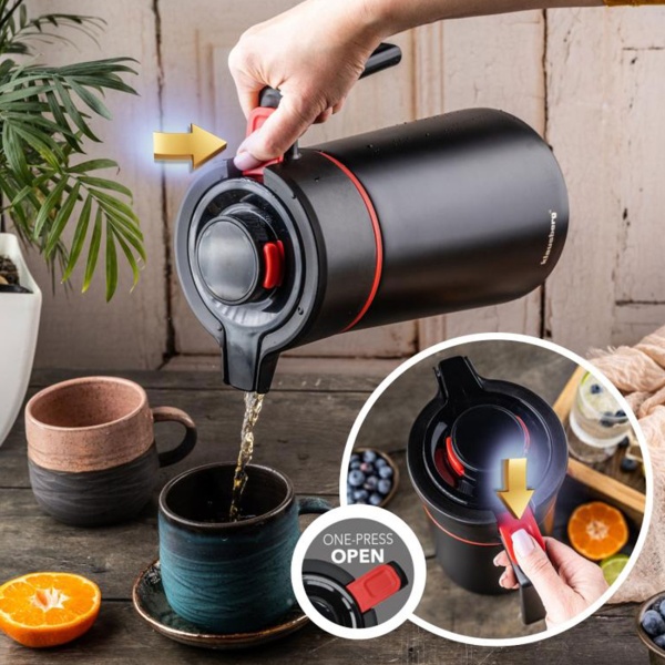 Konferenzthermoskanne 2,5L Edelstahl Schwarz-Rot - BPA-freie Isolierkanne mit Einhand-Automatik & grosser Öffnung für heisse & kalte Getränke
