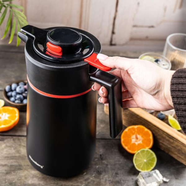 Konferenzthermoskanne 2,5L Edelstahl Schwarz-Rot - BPA-freie Isolierkanne mit Einhand-Automatik & grosser Öffnung für heisse & kalte Getränke