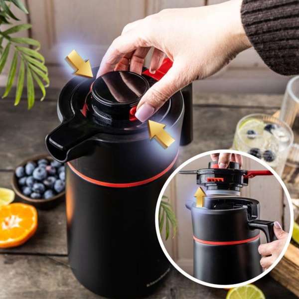 Konferenzthermoskanne 2,5L Edelstahl Schwarz-Rot - BPA-freie Isolierkanne mit Einhand-Automatik & grosser Öffnung für heisse & kalte Getränke