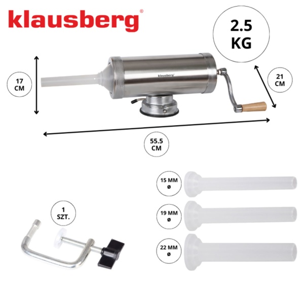 Manueller Wurstbereiter 2,5kg Edelstahl mit 3 Füllröhren Ø15, 19, 22 mm - Wurstfüllmaschine mit Handkurbel, Saugnapf & Klemmhalterung