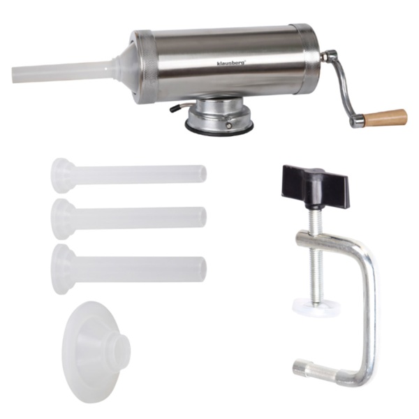 Manueller Wurstbereiter 2,5kg Edelstahl mit 3 Füllröhren Ø15, 19, 22 mm - Wurstfüllmaschine mit Handkurbel, Saugnapf & Klemmhalterung