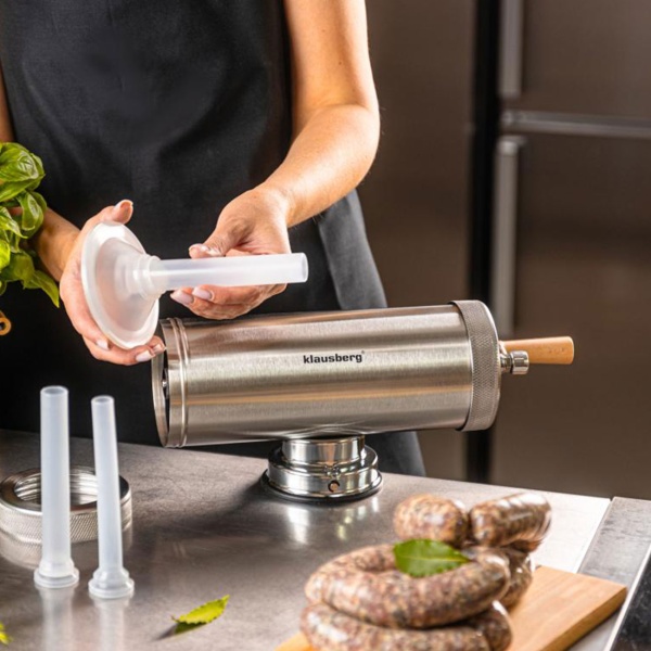 Manueller Wurstbereiter 2,5kg Edelstahl mit 3 Füllröhren Ø15, 19, 22 mm - Wurstfüllmaschine mit Handkurbel, Saugnapf & Klemmhalterung