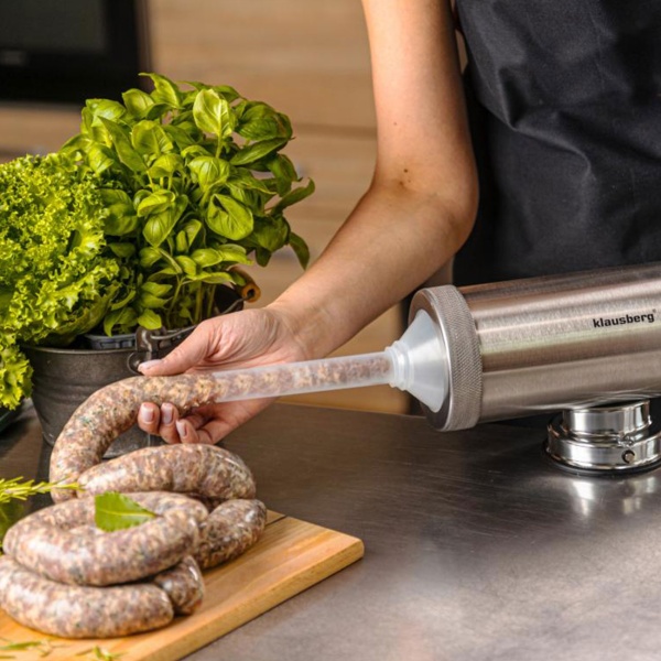 Manueller Wurstbereiter 2,5kg Edelstahl mit 3 Füllröhren Ø15, 19, 22 mm - Wurstfüllmaschine mit Handkurbel, Saugnapf & Klemmhalterung