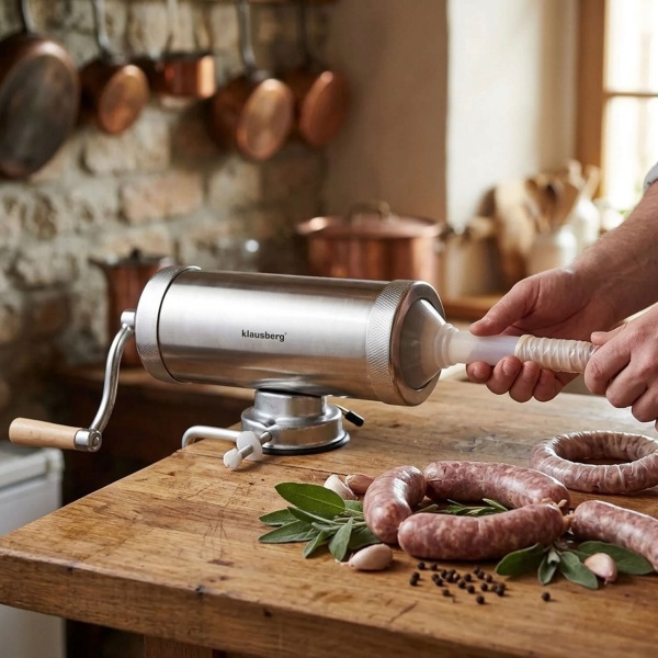 Manueller Wurstbereiter 2,5kg Edelstahl mit 3 Füllröhren Ø15, 19, 22 mm - Wurstfüllmaschine mit Handkurbel, Saugnapf & Klemmhalterung