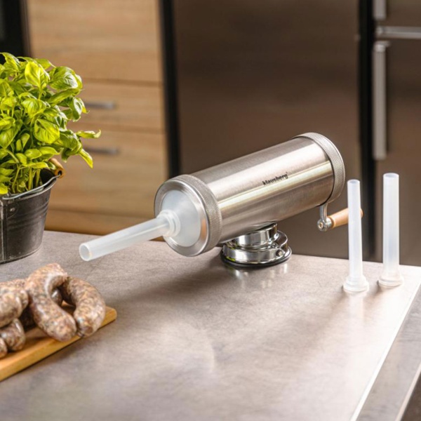 Manueller Wurstbereiter 2,5kg Edelstahl mit 3 Füllröhren Ø15, 19, 22 mm - Wurstfüllmaschine mit Handkurbel, Saugnapf & Klemmhalterung