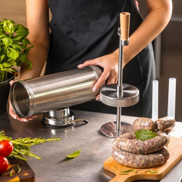 Manueller Wurstbereiter 2,5kg Edelstahl mit 3 Füllröhren Ø15, 19, 22 mm - Wurstfüllmaschine mit Handkurbel, Saugnapf & Klemmhalterung
