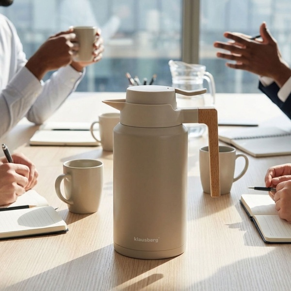 Konferenzthermoskanne 2L Edelstahl Beige-Holz - BPA-freie Isolierkanne mit One-Press-Einhand-Automatik & Echtholzgriff für warme & kalte Getränke