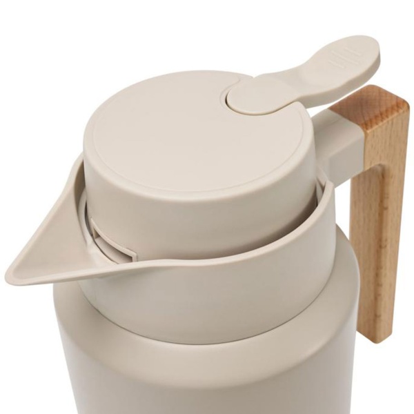 Konferenzthermoskanne 2L Edelstahl Beige-Holz - BPA-freie Isolierkanne mit One-Press-Einhand-Automatik & Echtholzgriff für warme & kalte Getränke