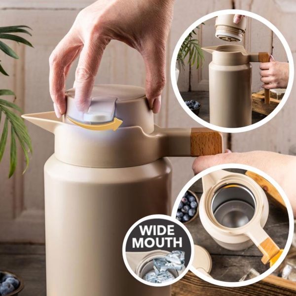 Konferenzthermoskanne 2L Edelstahl Beige-Holz - BPA-freie Isolierkanne mit One-Press-Einhand-Automatik & Echtholzgriff für warme & kalte Getränke