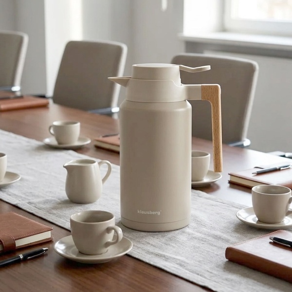Konferenzthermoskanne 2L Edelstahl Beige-Holz - BPA-freie Isolierkanne mit One-Press-Einhand-Automatik & Echtholzgriff für warme & kalte Getränke