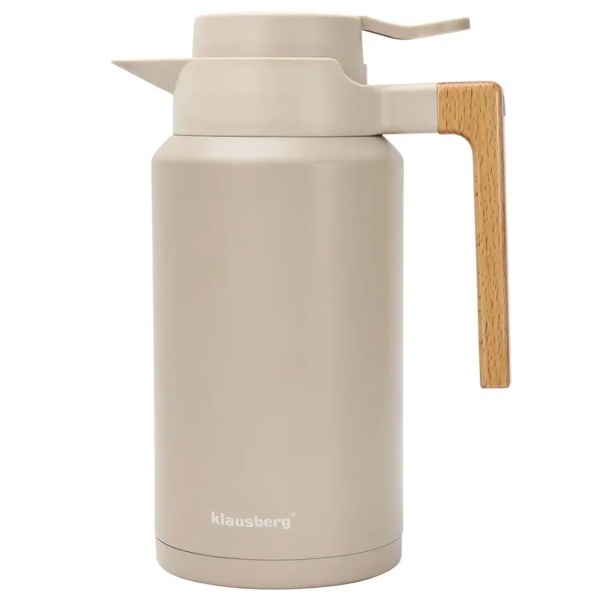 Konferenzthermoskanne 2L Edelstahl Beige-Holz - BPA-freie Isolierkanne mit One-Press-Einhand-Automatik & Echtholzgriff für warme & kalte Getränke