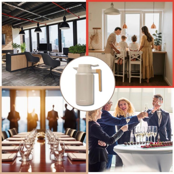 Konferenzthermoskanne 2L Edelstahl Beige-Holz - BPA-freie Isolierkanne mit One-Press-Einhand-Automatik & Echtholzgriff für warme & kalte Getränke