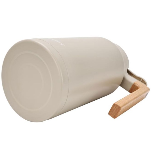 Konferenzthermoskanne 2L Edelstahl Beige-Holz - BPA-freie Isolierkanne mit One-Press-Einhand-Automatik & Echtholzgriff für warme & kalte Getränke