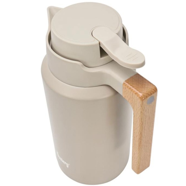 Konferenzthermoskanne 2L Edelstahl Beige-Holz - BPA-freie Isolierkanne mit One-Press-Einhand-Automatik & Echtholzgriff für warme & kalte Getränke
