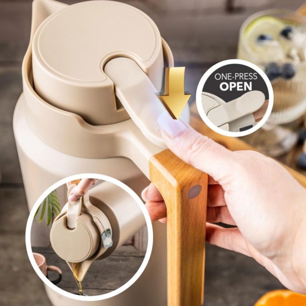 Konferenzthermoskanne 2L Edelstahl Beige-Holz - BPA-freie Isolierkanne mit One-Press-Einhand-Automatik & Echtholzgriff für warme & kalte Getränke