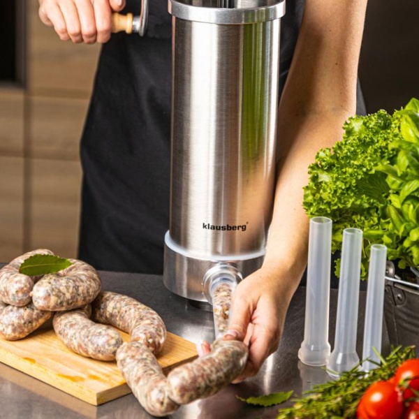 Manueller Wurstbereiter 3kg Edelstahl mit 4 Füllröhren Ø15, 19, 22, 25 mm - Wurstfüllmaschine mit Handkurbel, Saugnapf & Klemmhalterung