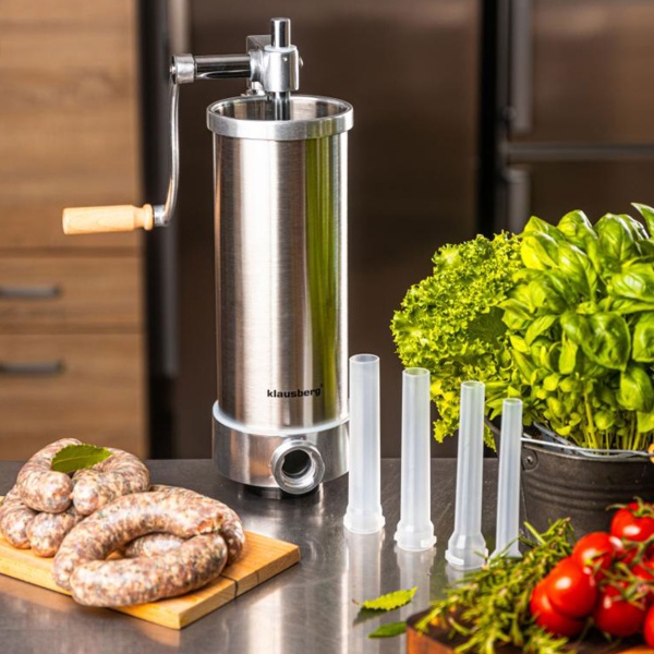 Manueller Wurstbereiter 3kg Edelstahl mit 4 Füllröhren Ø15, 19, 22, 25 mm - Wurstfüllmaschine mit Handkurbel, Saugnapf & Klemmhalterung