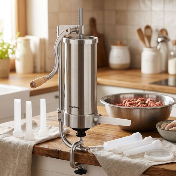 Manueller Wurstbereiter 3kg Edelstahl mit 4 Füllröhren Ø15, 19, 22, 25 mm - Wurstfüllmaschine mit Handkurbel, Saugnapf & Klemmhalterung