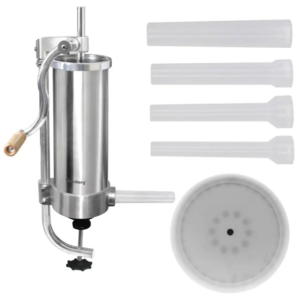 Manueller Wurstbereiter 3kg Edelstahl mit 4 Füllröhren Ø15, 19, 22, 25 mm - Wurstfüllmaschine mit Handkurbel, Saugnapf & Klemmhalterung