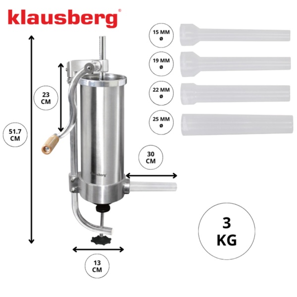 Manueller Wurstbereiter 3kg Edelstahl mit 4 Füllröhren Ø15, 19, 22, 25 mm - Wurstfüllmaschine mit Handkurbel, Saugnapf & Klemmhalterung