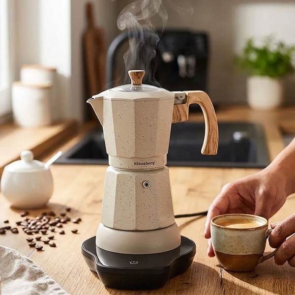 Elektrische Espresso-Kaffeemaschine & Espressokocher im Mokka Stil beige: 500 W, 300 ml für 6 Tassen, edler Kaffeebereiter für Zuhause