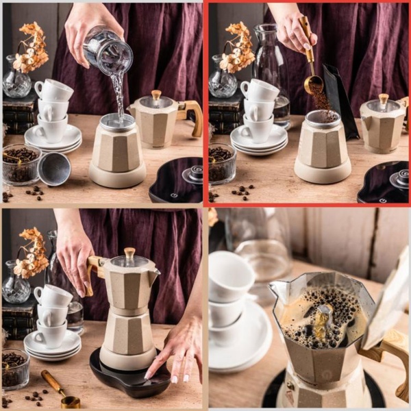 Elektrische Espresso-Kaffeemaschine & Espressokocher im Mokka Stil beige: 500 W, 300 ml für 6 Tassen, edler Kaffeebereiter für Zuhause