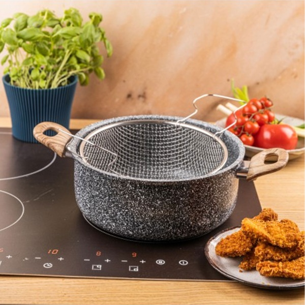 Vielseitiger Bratentopf 24 cm 4L mit Korb & Glasdeckel für alle Herdarten, ideal als Fritteuse & Kochtopf, Frittiertopf, Antihaft in schwarzem Marmor