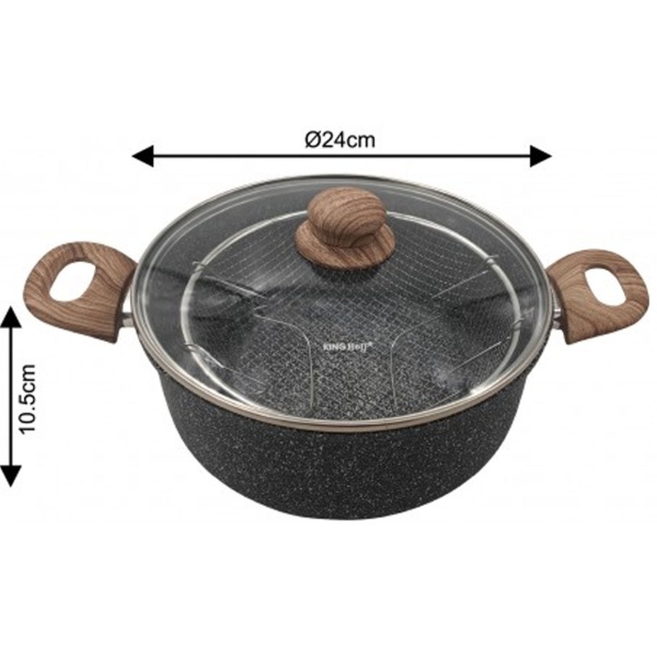 Vielseitiger Bratentopf 24 cm 4L mit Korb & Glasdeckel für alle Herdarten, ideal als Fritteuse & Kochtopf, Frittiertopf, Antihaft in schwarzem Marmor