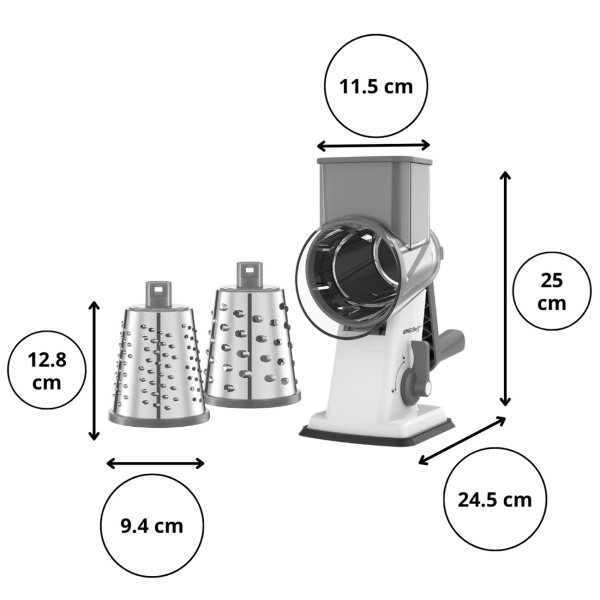 3-in-1 Trommelreibe mit 3 austauschbaren Edelstahltrommeln: für Obst, Gemüse, Käse, Schokolade & Nüssen – Praktischer Schneider für Rohkost
