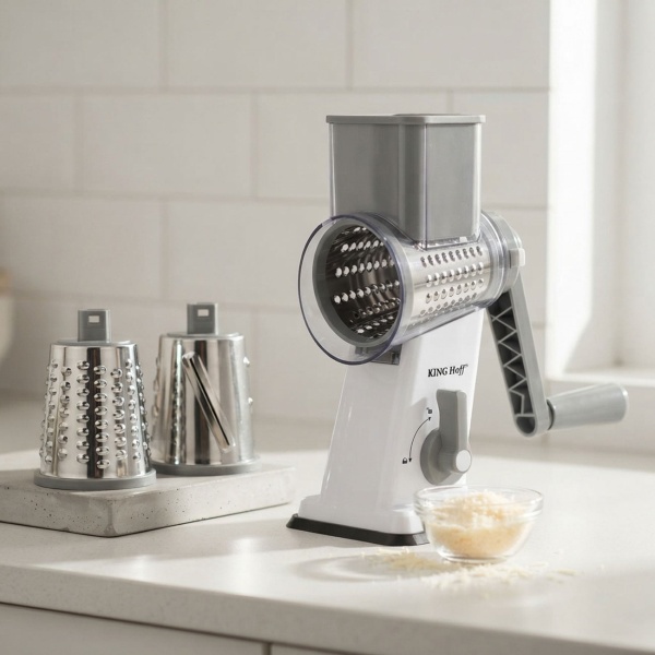 3-in-1 Trommelreibe mit 3 austauschbaren Edelstahltrommeln: für Obst, Gemüse, Käse, Schokolade & Nüssen – Praktischer Schneider für Rohkost