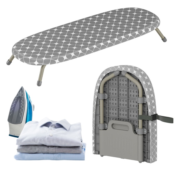 Kompaktes Mini Bügelbrett Grau, 81,5x30,5 cm: Bezug aus 100% Baumwolle, faltbar, stabil & ideal für kleine Wohnungen, Wohnheime & Reisen