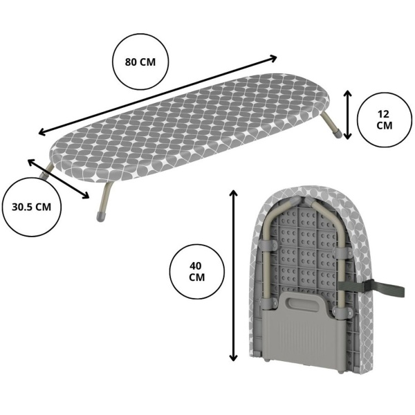 Kompaktes Mini Bügelbrett Grau, 81,5x30,5 cm: Bezug aus 100% Baumwolle, faltbar, stabil & ideal für kleine Wohnungen, Wohnheime & Reisen