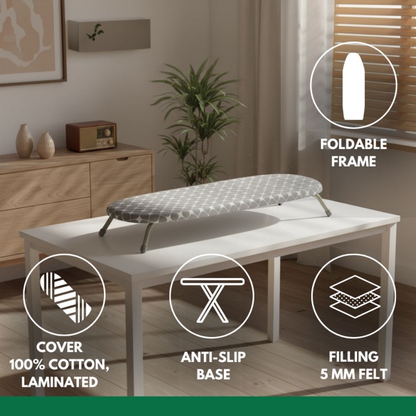 Kompaktes Mini Bügelbrett Grau, 81,5x30,5 cm: Bezug aus 100% Baumwolle, faltbar, stabil & ideal für kleine Wohnungen, Wohnheime & Reisen