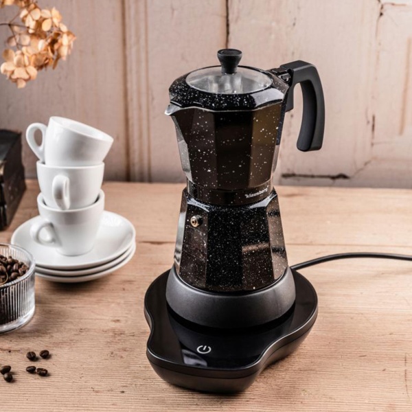 Elektrische Espresso-Kaffeemaschine & Espressokocher im Mokka Stil schwarz: 500 W, 300 ml für 6 Tassen, edler Kaffeebereiter für Zuhause
