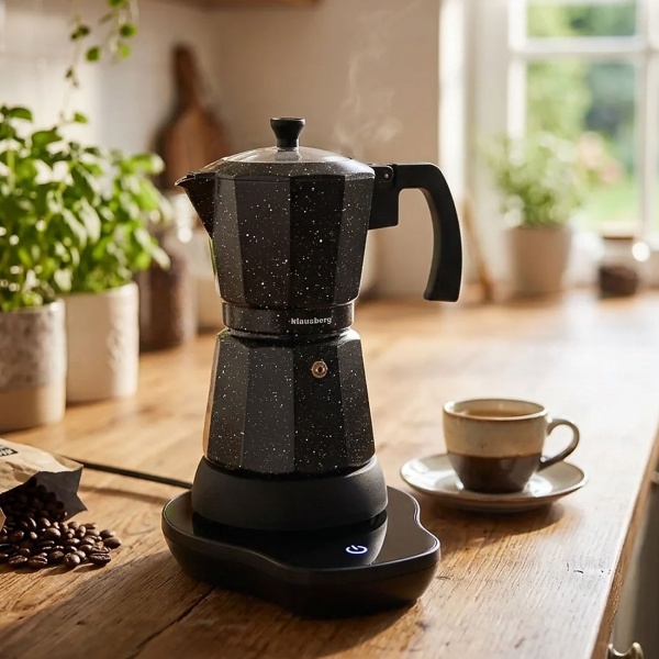 Elektrische Espresso-Kaffeemaschine & Espressokocher im Mokka Stil schwarz: 500 W, 300 ml für 6 Tassen, edler Kaffeebereiter für Zuhause