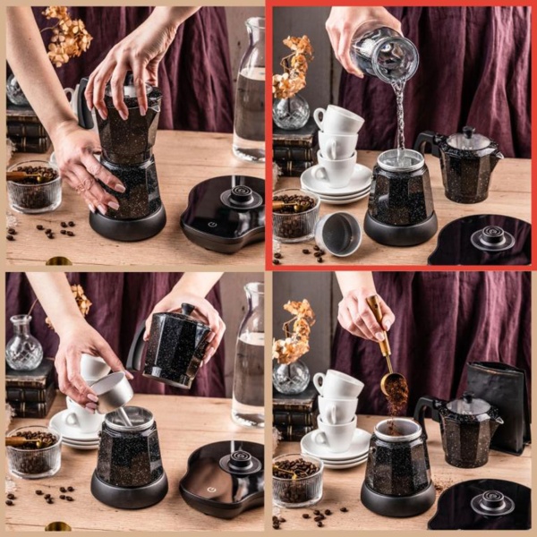 Elektrische Espresso-Kaffeemaschine & Espressokocher im Mokka Stil schwarz: 500 W, 300 ml für 6 Tassen, edler Kaffeebereiter für Zuhause