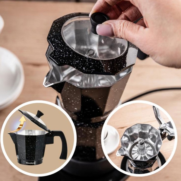 Elektrische Espresso-Kaffeemaschine & Espressokocher im Mokka Stil schwarz: 500 W, 300 ml für 6 Tassen, edler Kaffeebereiter für Zuhause