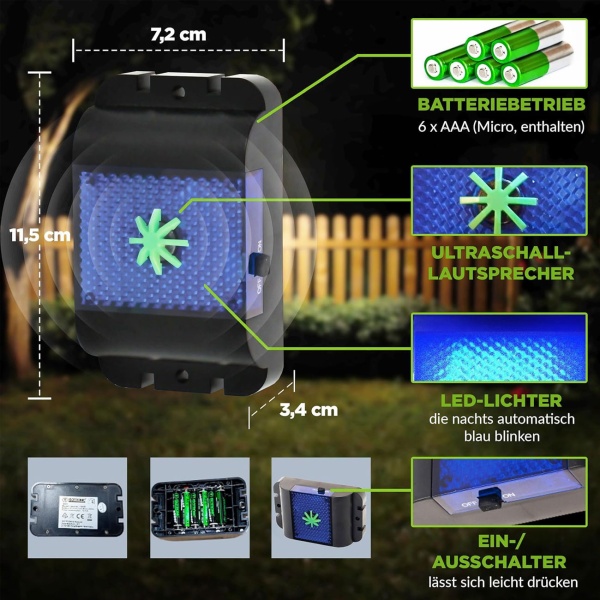 2er-Set Effektiver Ultraschall Wildtiervertreiber: Marderabwehr & Nagervertreiber mit LED Blinklicht für Garten, Balkon, Feld, Fahrzeug & Haus
