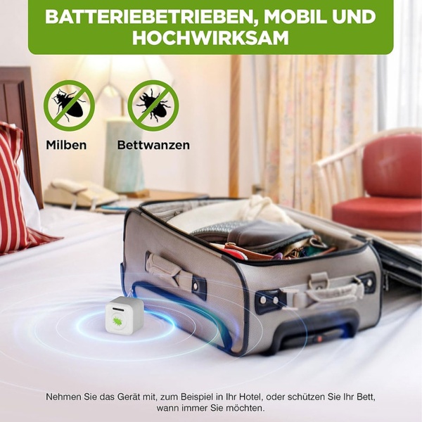 Mobiler Ultraschall Milbenvertreiber: Schädling-Schutz gegen Bettwanzen & Milben – Für Schlafzimmer, Hotel & Reise, batteriebetrieben