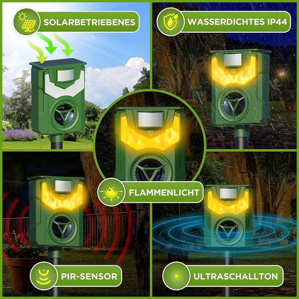 2er-Set Solar & USB Tiervertreiber mit Ultraschall & Flammenlicht – Zuverlässiger Schutz für Garten, Hof & Feld gegen Wildtiere, Katzen & Hunde