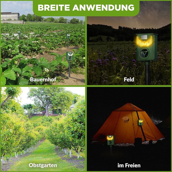 2er-Set Solar & USB Tiervertreiber mit Ultraschall & Flammenlicht – Zuverlässiger Schutz für Garten, Hof & Feld gegen Wildtiere, Katzen & Hunde
