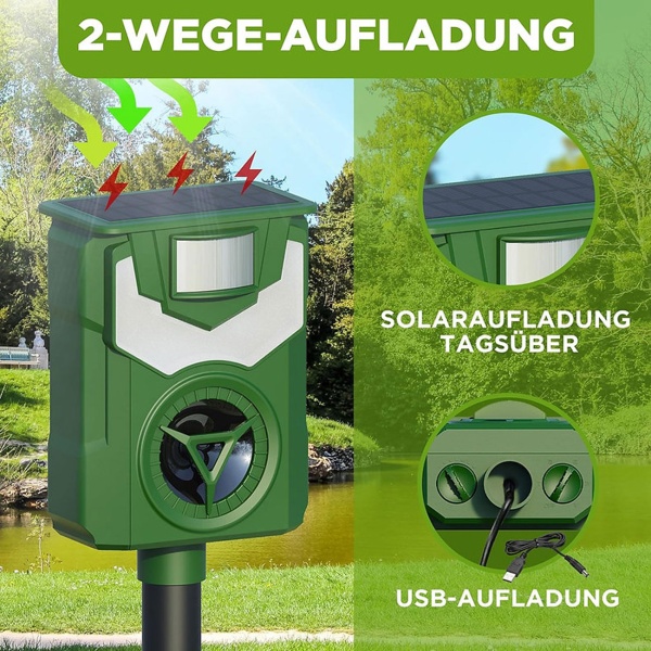 2er-Set Solar & USB Tiervertreiber mit Ultraschall & Flammenlicht – Zuverlässiger Schutz für Garten, Hof & Feld gegen Wildtiere, Katzen & Hunde