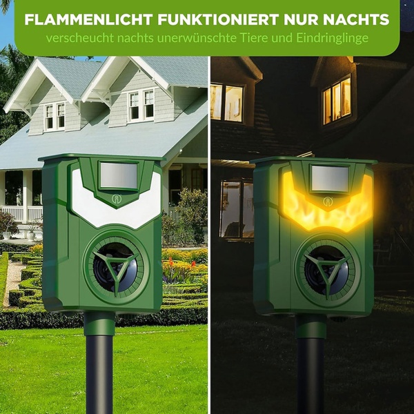 2er-Set Solar & USB Tiervertreiber mit Ultraschall & Flammenlicht – Zuverlässiger Schutz für Garten, Hof & Feld gegen Wildtiere, Katzen & Hunde
