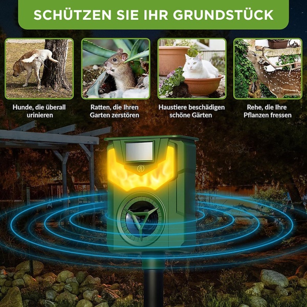 2er-Set Solar & USB Tiervertreiber mit Ultraschall & Flammenlicht – Zuverlässiger Schutz für Garten, Hof & Feld gegen Wildtiere, Katzen & Hunde