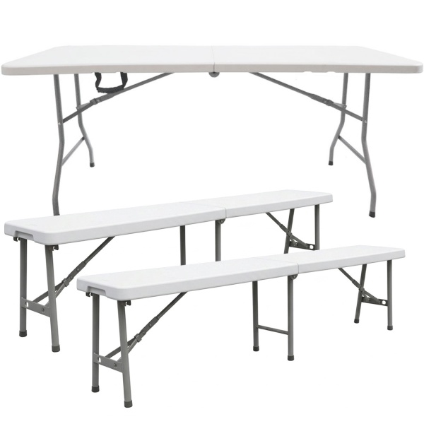 Stabile Camping Sitzgruppe mit Klapptisch 180cm und 2 passenden Koffer Sitzbänken, wetterfest, klappbar